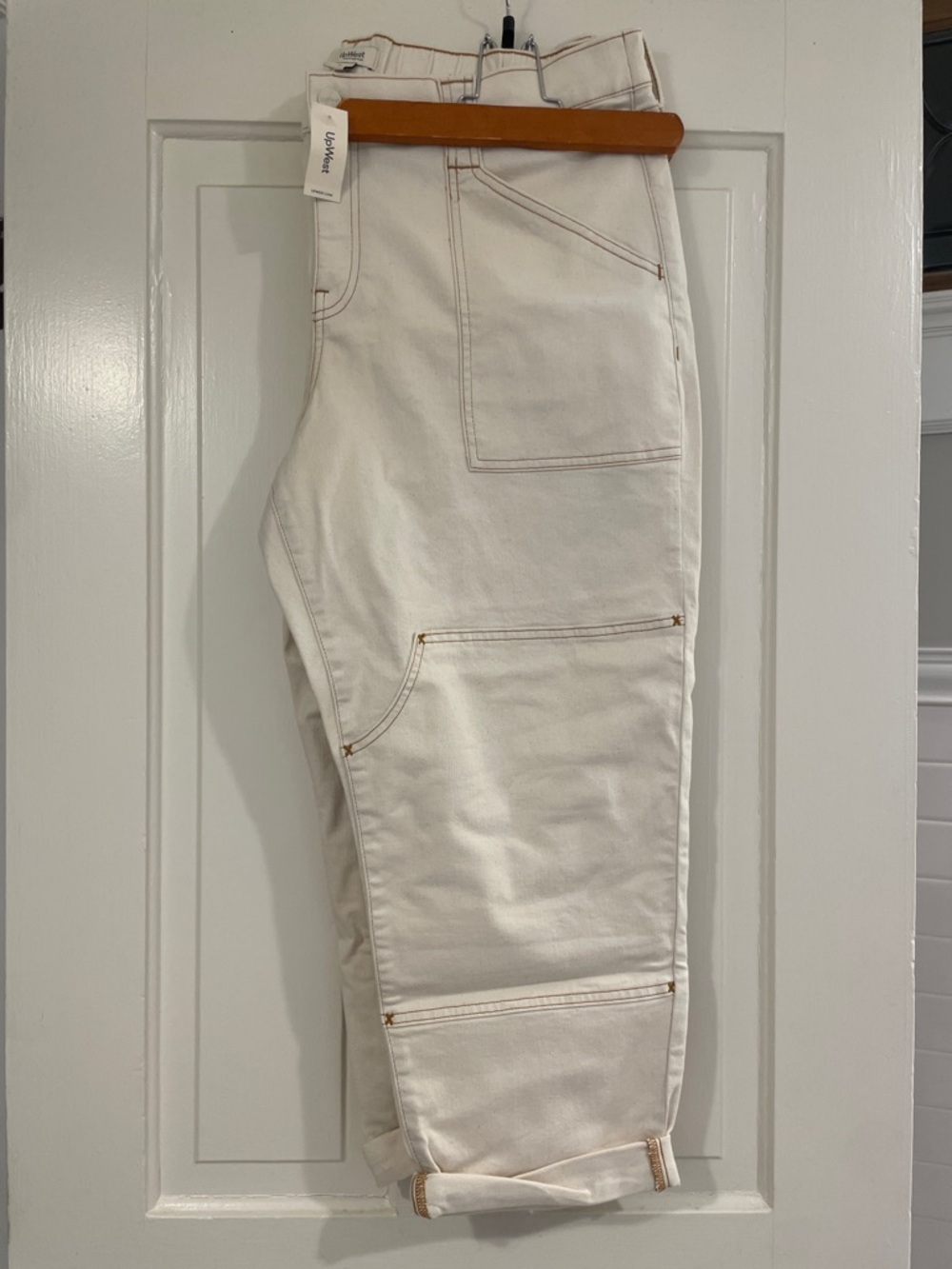 UpWest Cream Straight-Leg Carpenter Jeans with Contrast Stitching